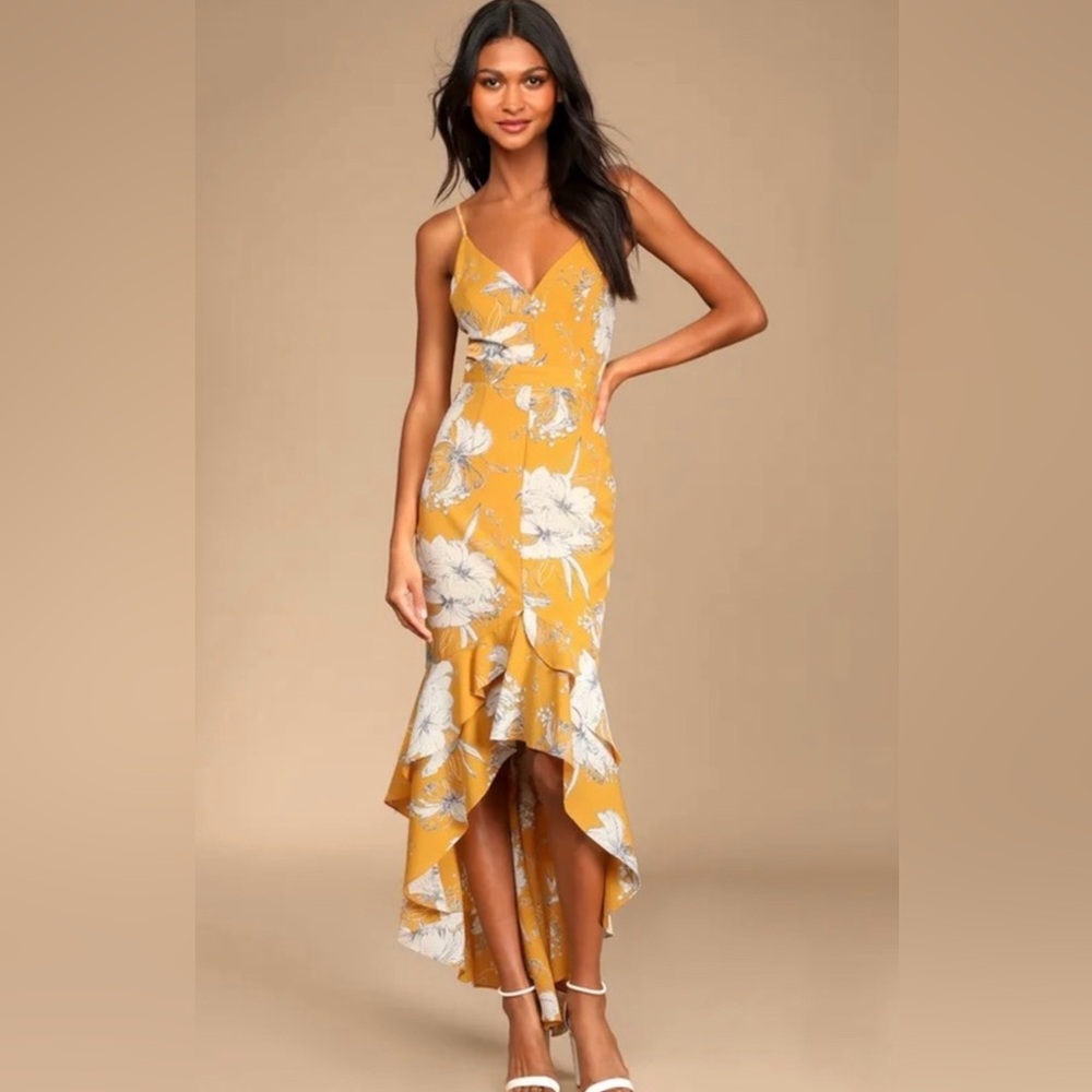 NWT Lulu's Darling Daylily Mustard Yellow Floral High-Low Maxi Dress Large